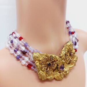 Vintage Art Glass Pink Purple Glass Necklace Golden Buckle Clasp